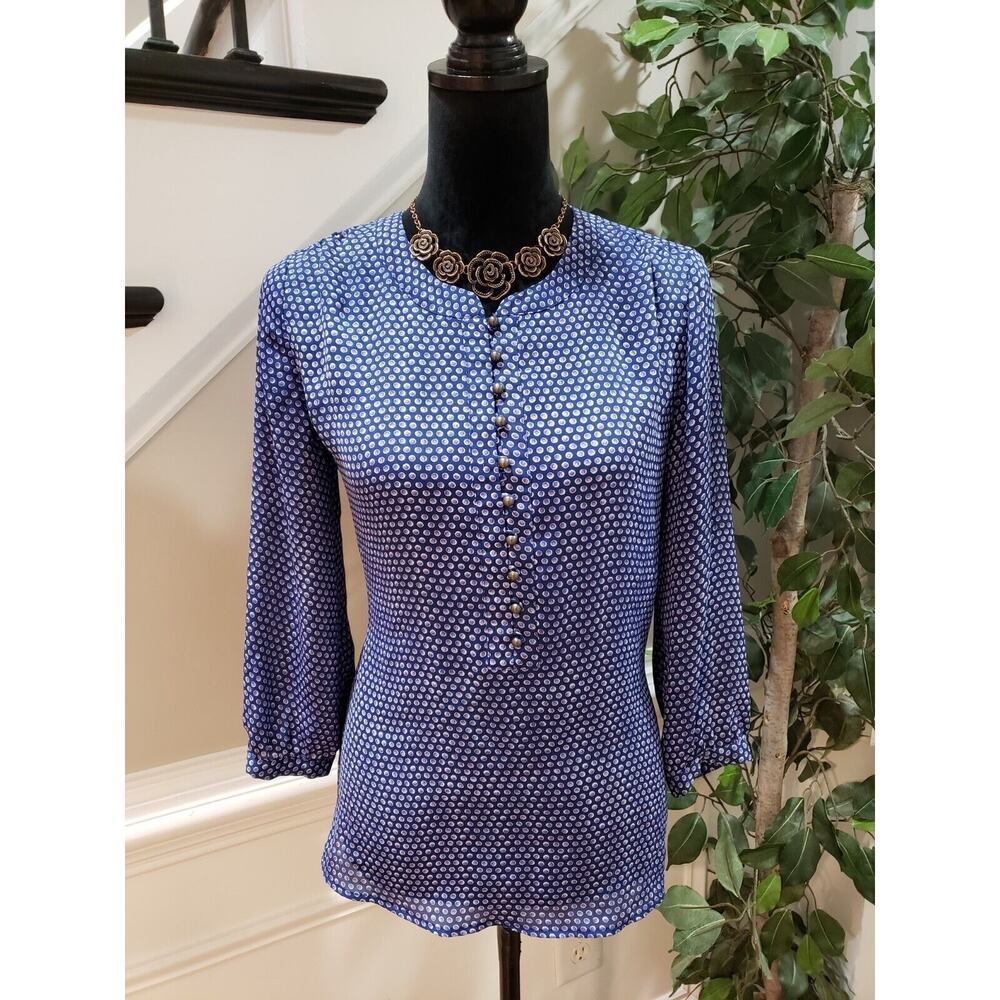 Banana Republic Women's Blue 100% Polyester Round Neck Long Sleeve Top Blouse XS